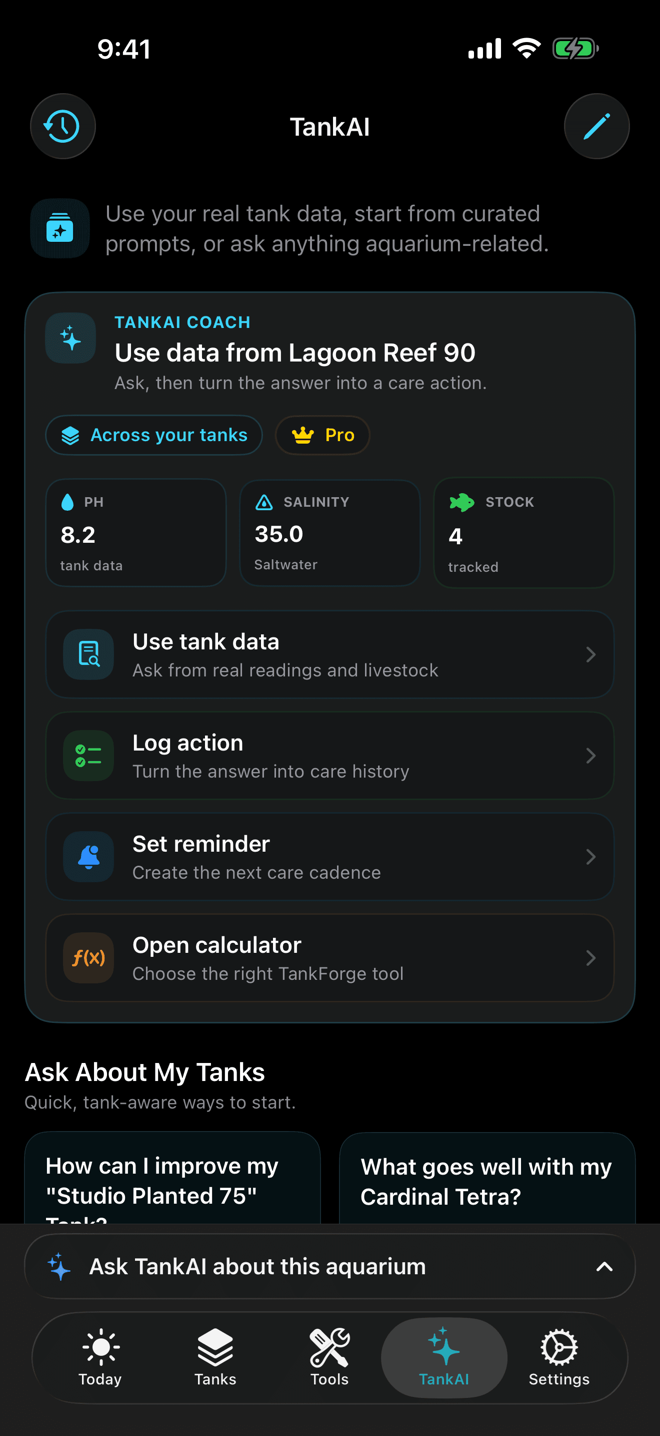 TankForge iOS TankAI showing tank-aware aquarium guidance and suggested questions