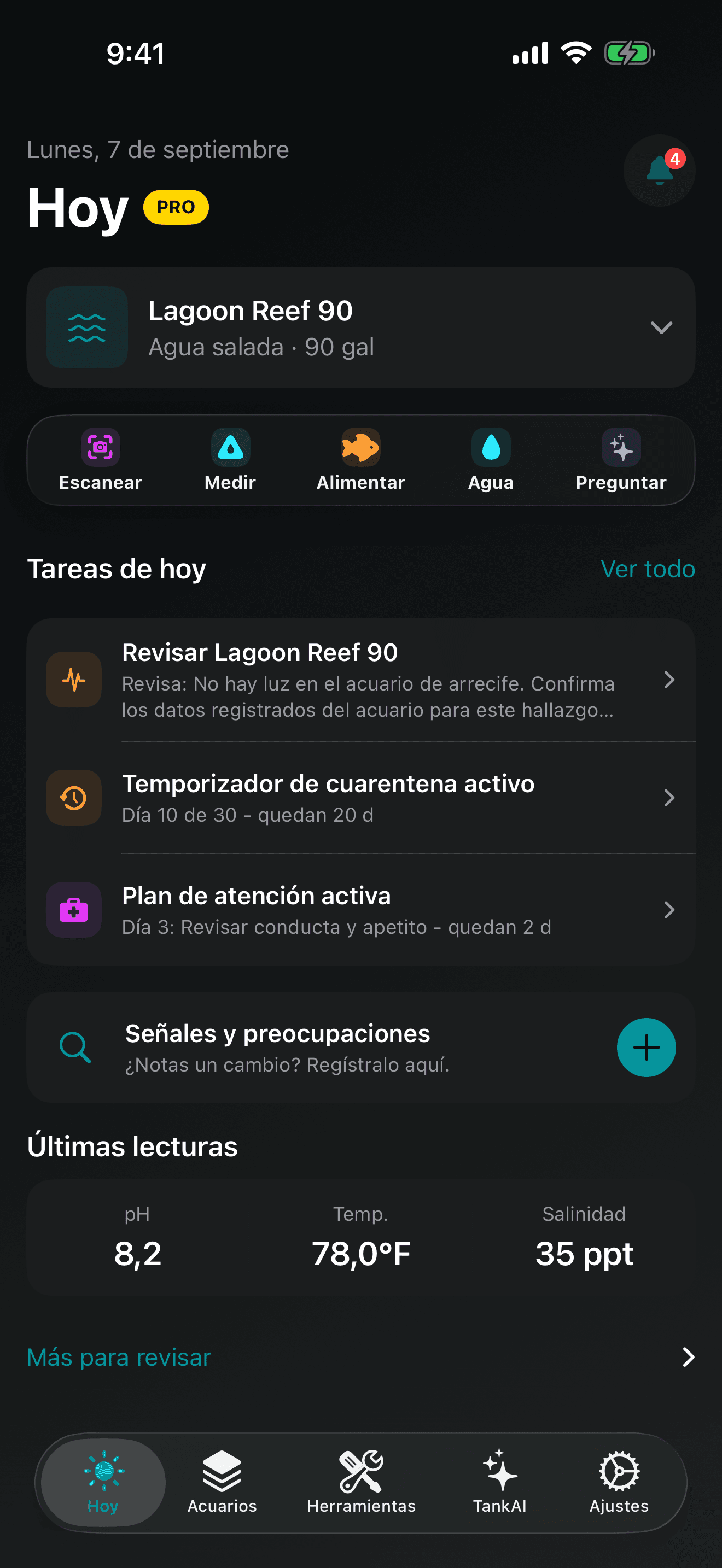 Centro de comando Today de TankForge para iOS con prioridades de cuidado y actividad reciente del acuario