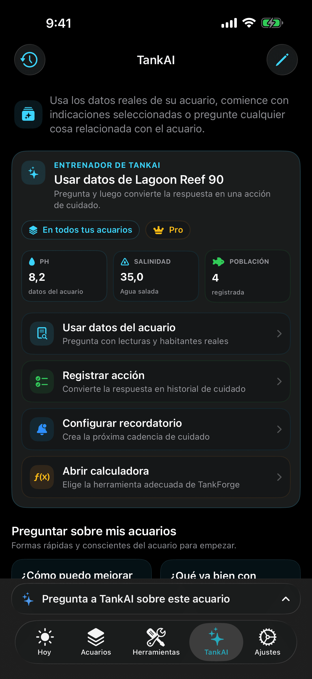 TankAI de TankForge para iOS con orientación según el acuario y preguntas sugeridas