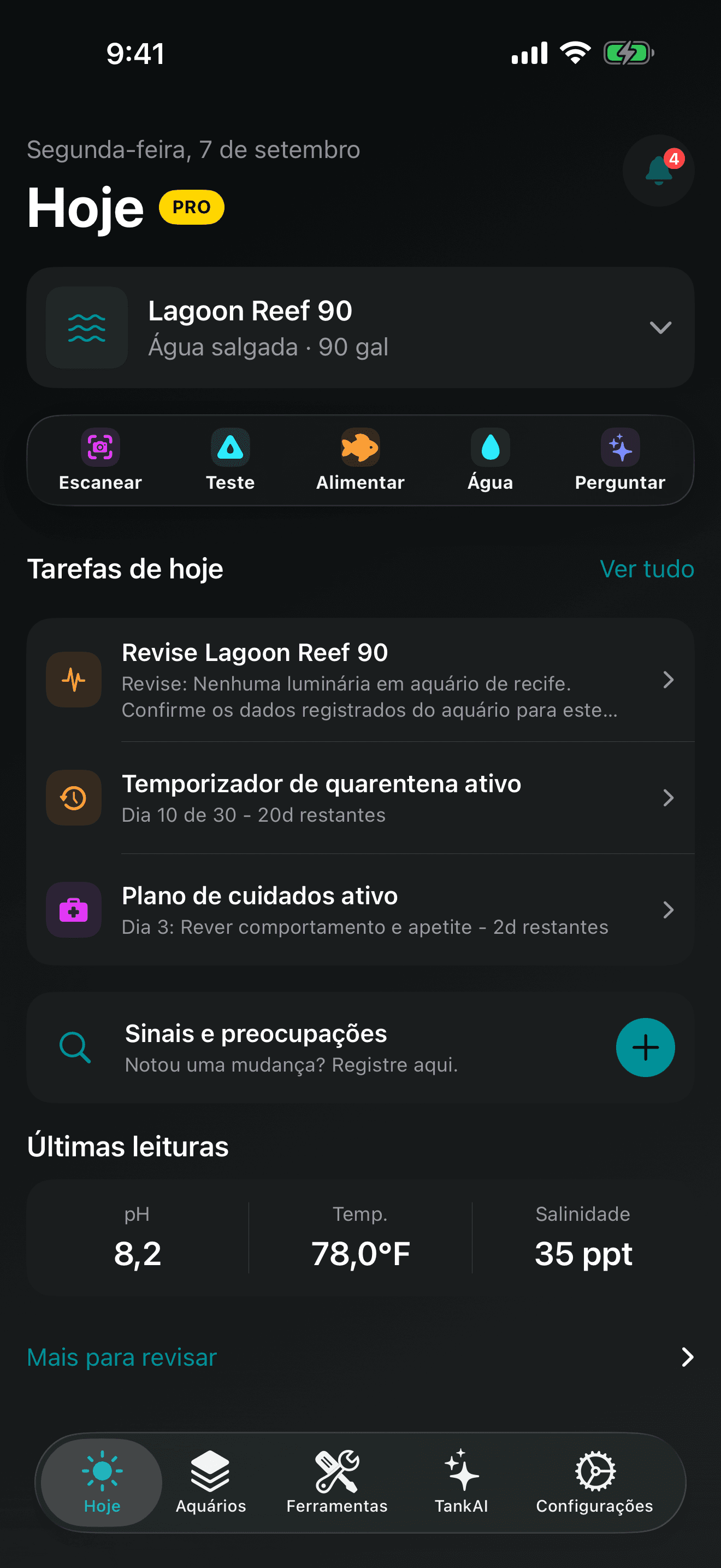 Centro de Comando Hoje do TankForge iOS mostrando prioridades de cuidados com aquários e atividade recente do tanque