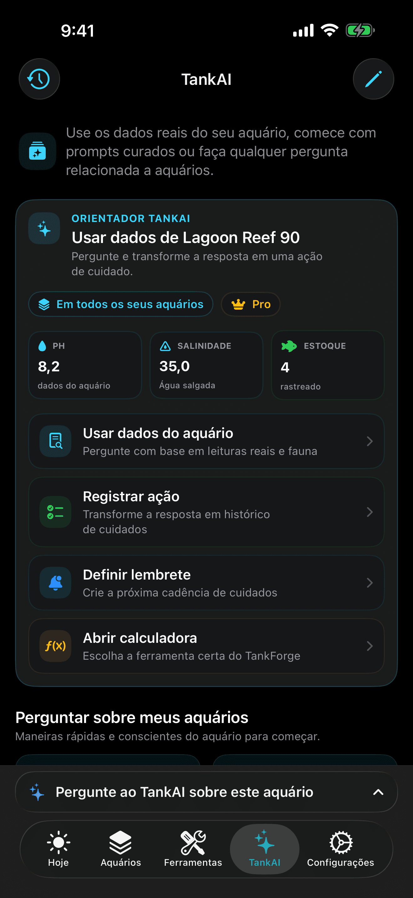 TankAI do TankForge iOS mostrando orientações de aquário conscientes do tanque e perguntas sugeridas