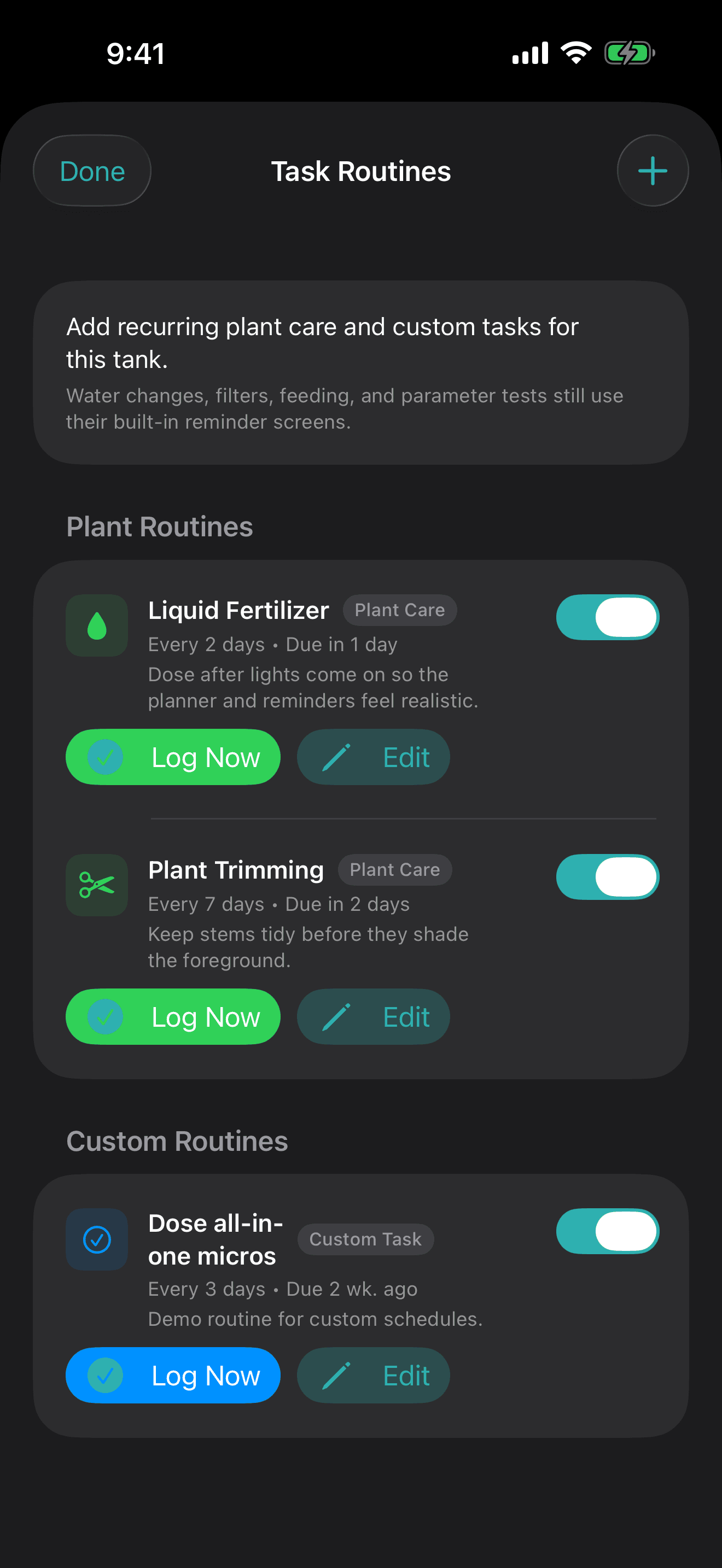 TankForge simulator screenshot showing plant and custom task routines for aquarium maintenance logging