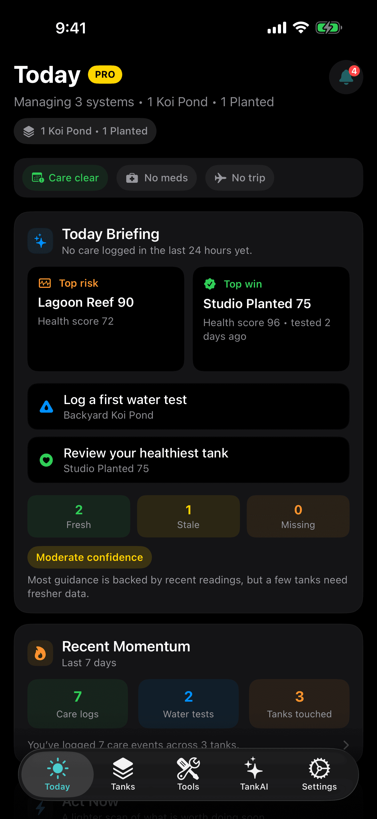 TankForge simulator screenshot showing Today Briefing across multiple aquariums with risk, wins, stale tests, and recent momentum