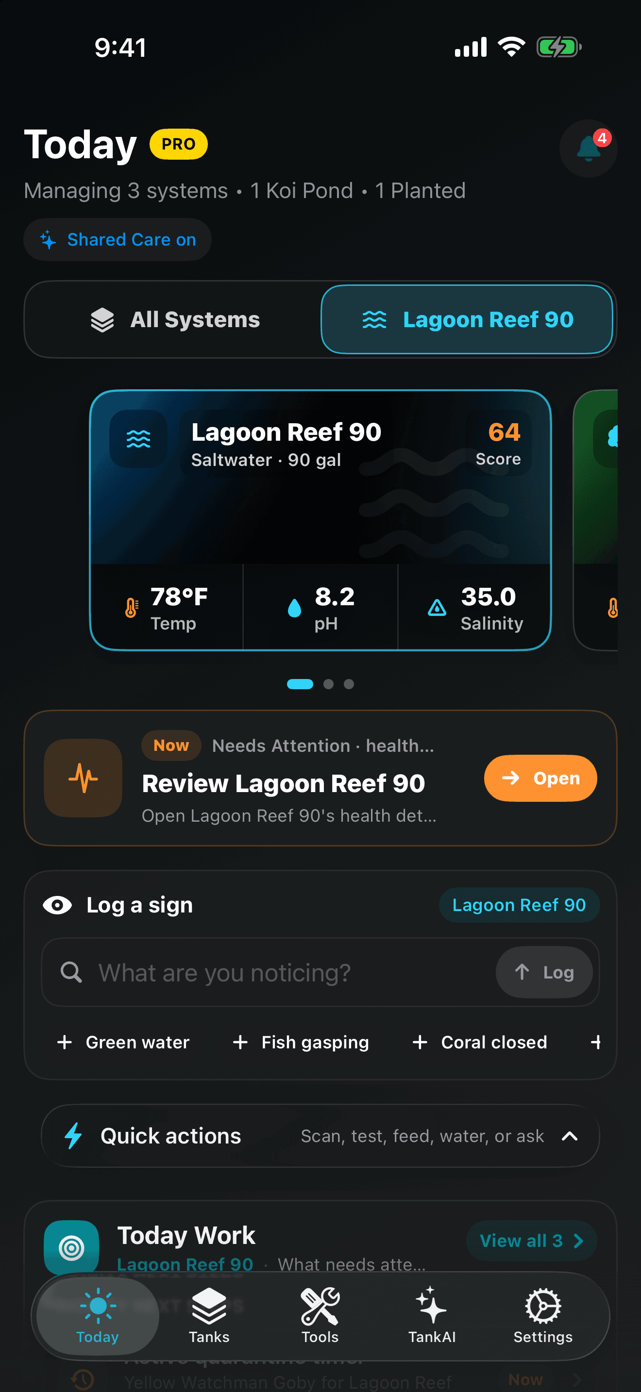 TankForge iOS Today command center showing aquarium care priorities and recent tank activity