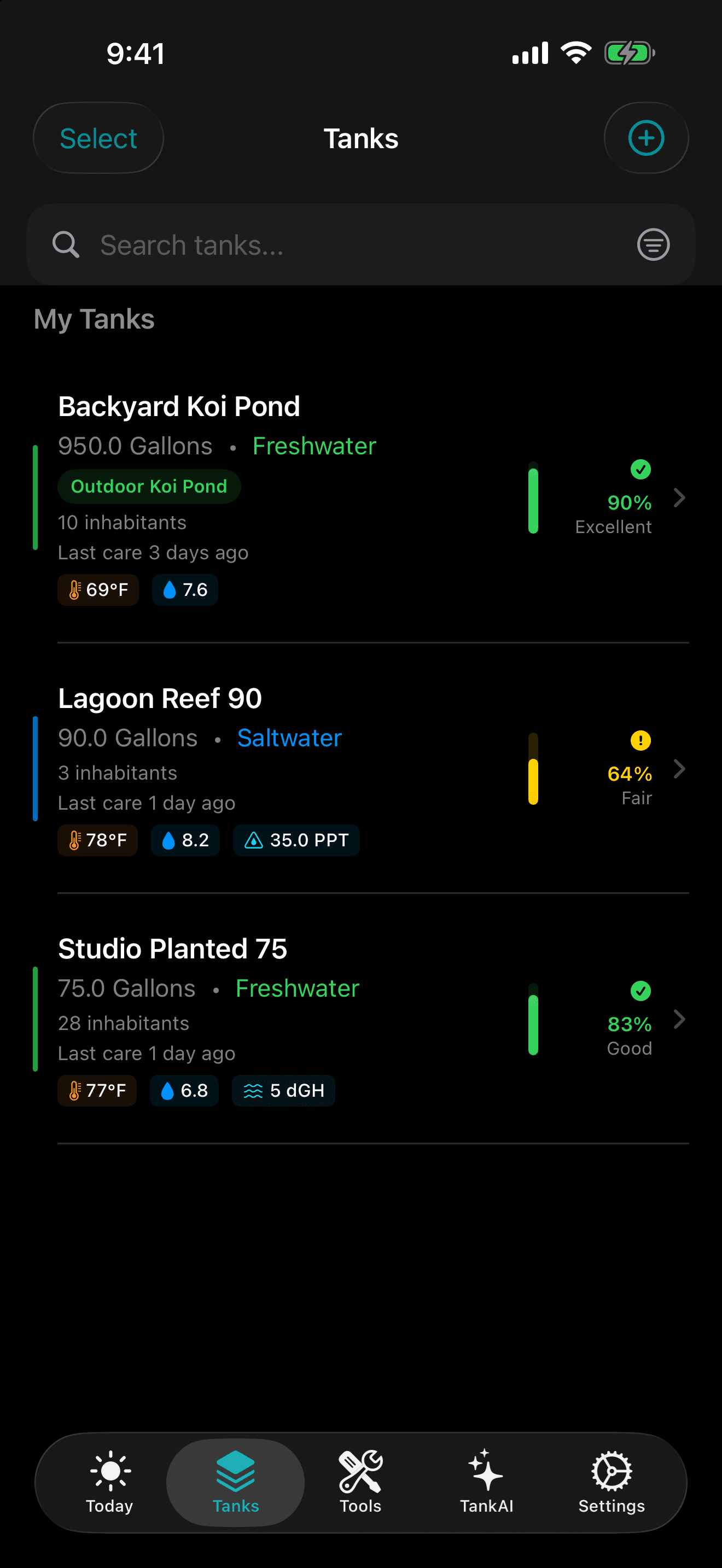 TankForge screenshot showing aquarium records and tank context