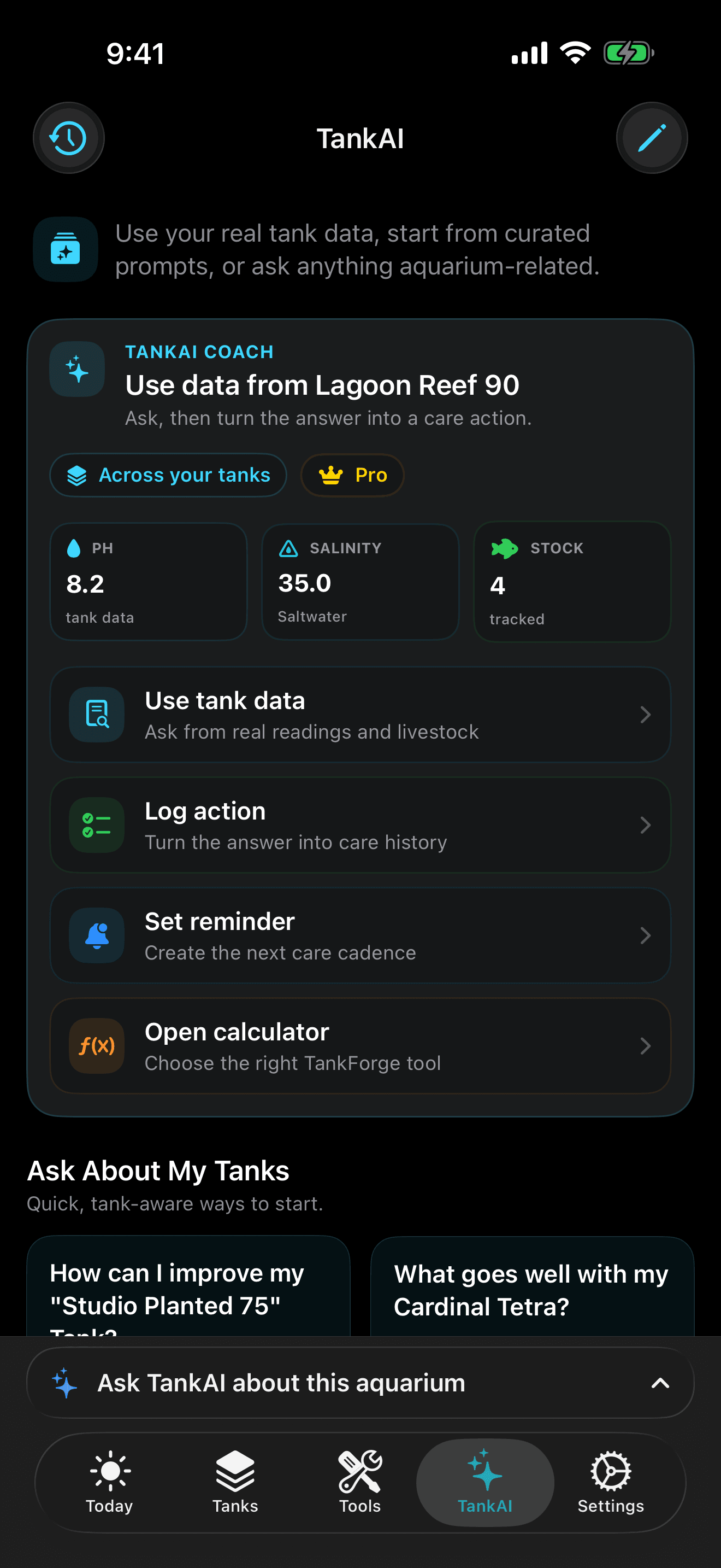 TankForge app screenshot showing TankAI aquarium assistant inside the aquarium management app