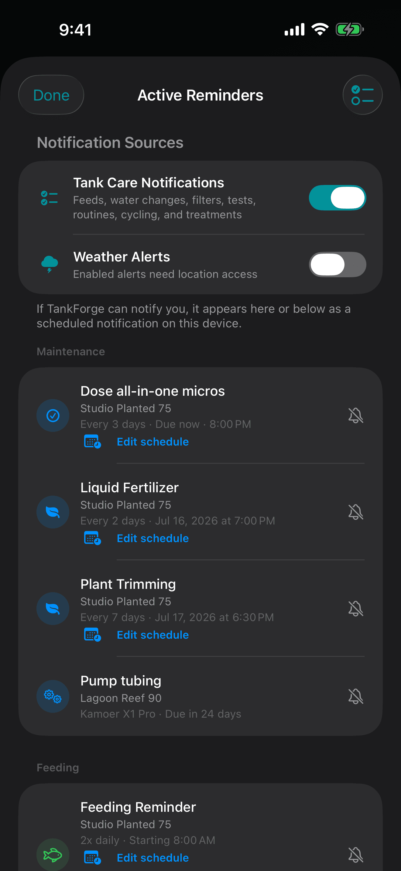 TankForge screenshot showing feeding and maintenance reminders