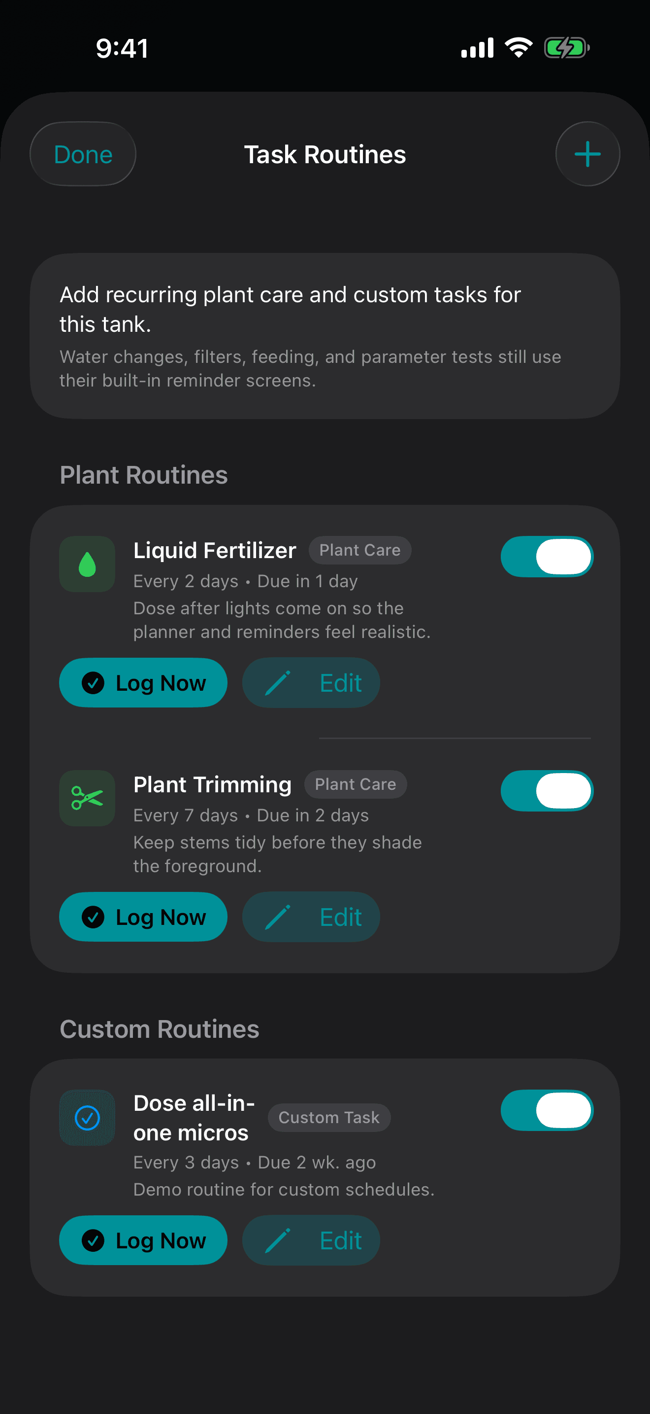 TankForge care routines screenshot for aquarium care plans