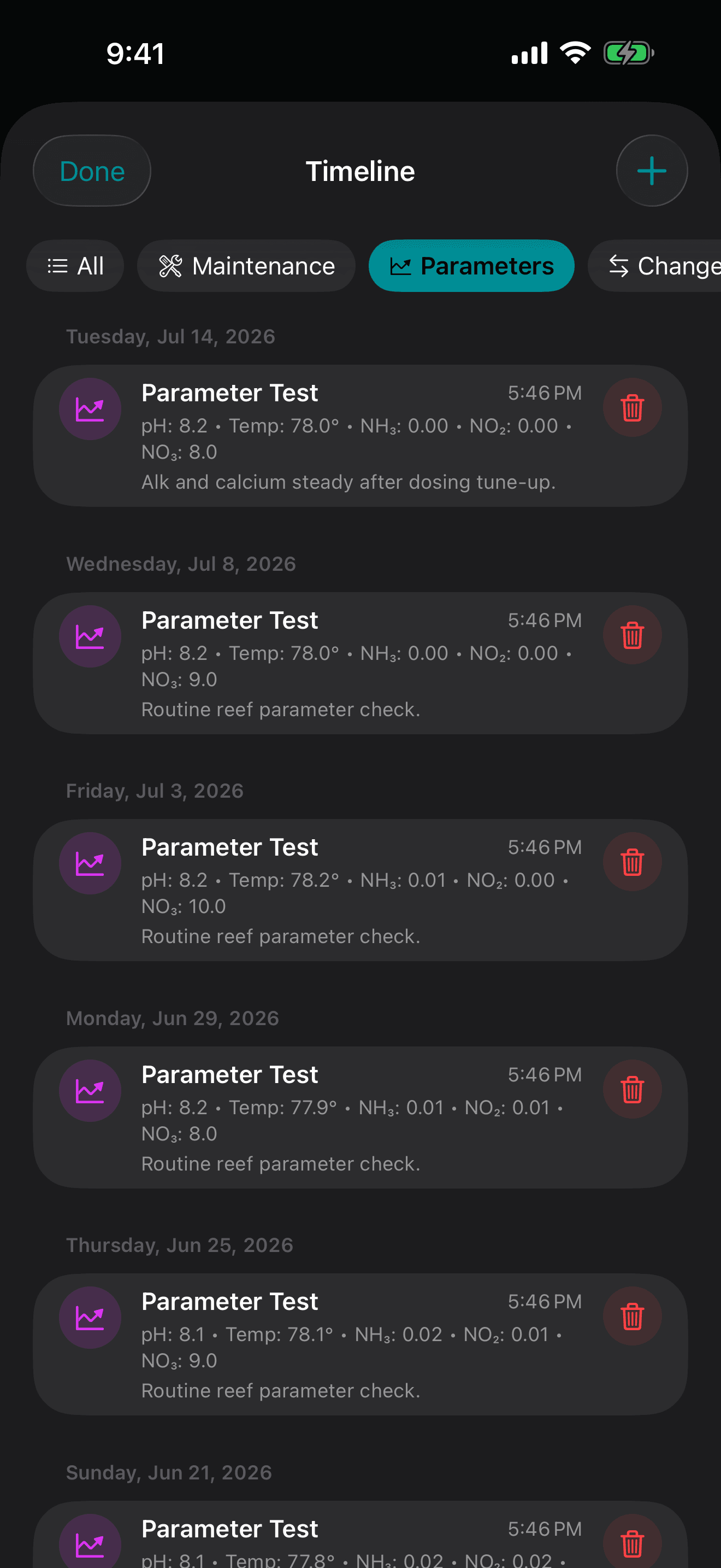 TankForge iOS water parameter history showing dated pH, temperature, ammonia, nitrite, and nitrate test results
