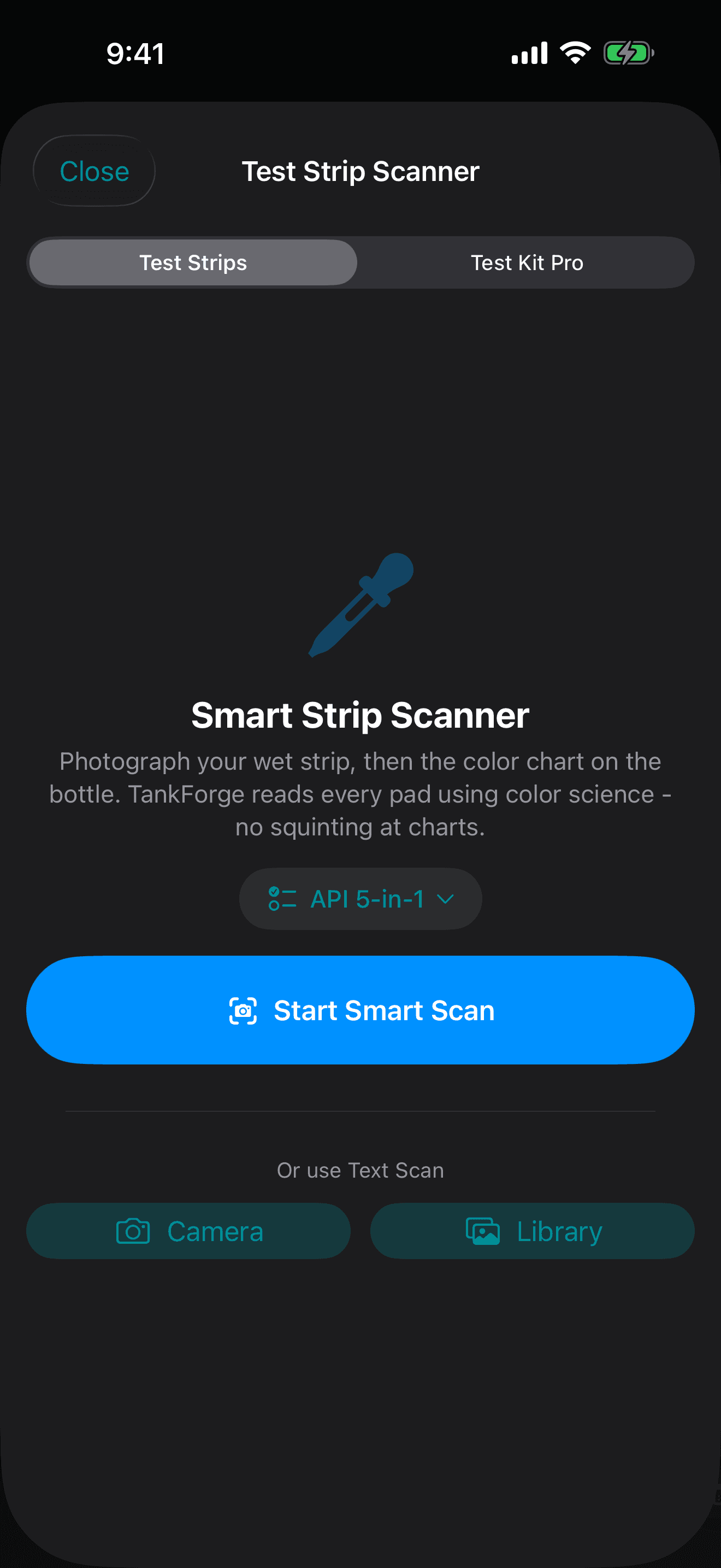 TankForge test strip scanner with smart scan and photo input options