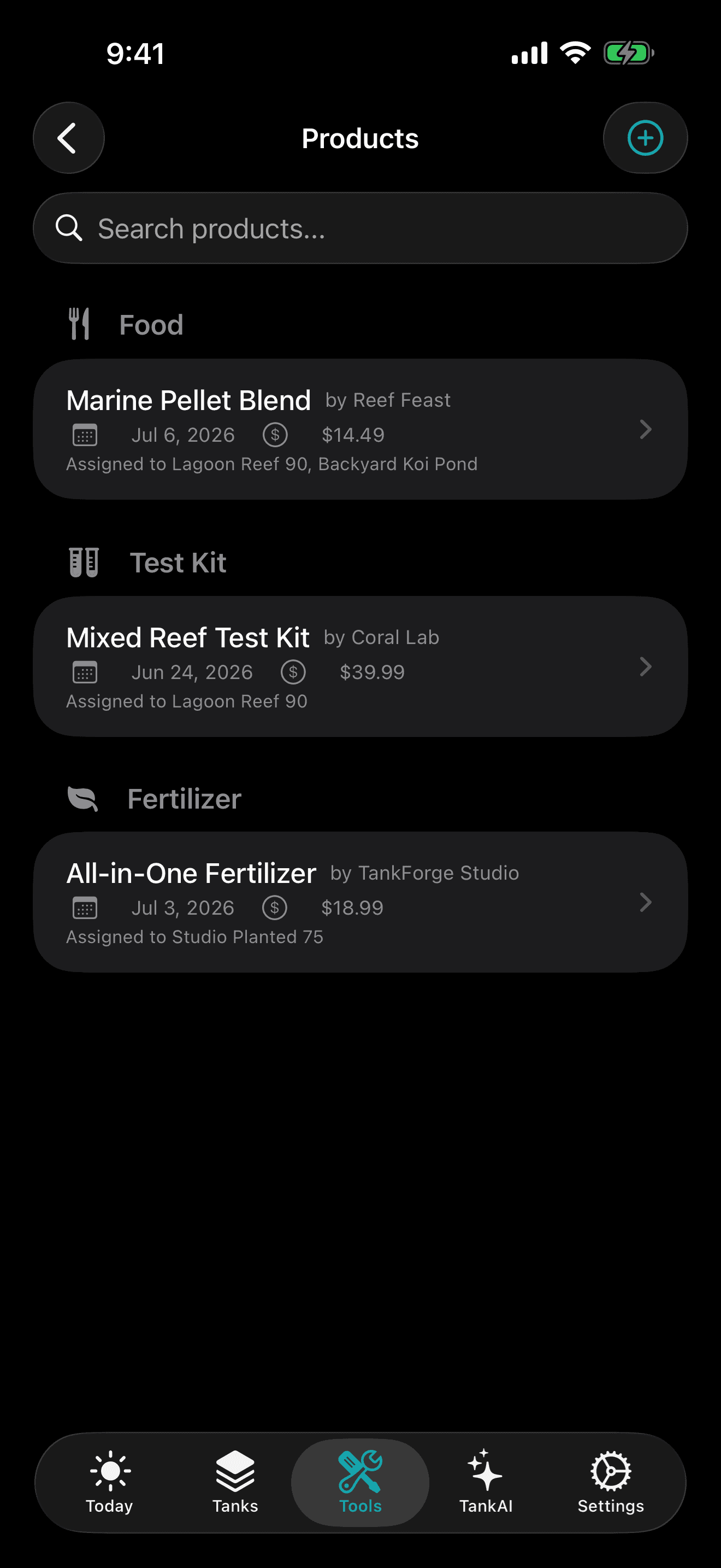TankForge product inventory reached from the product scanner workflow