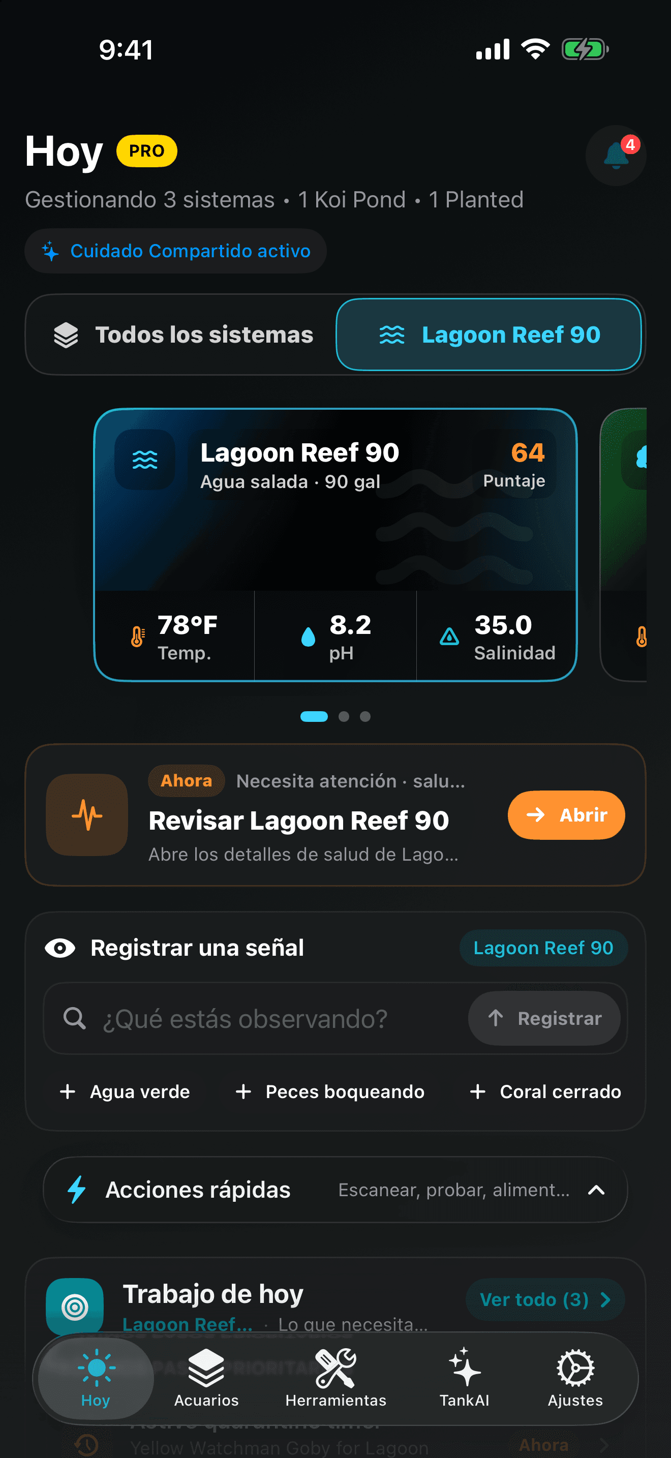Captura del simulador de TankForge con Resumen de Hoy para varios acuarios, riesgos, logros, pruebas vencidas e impulso reciente
